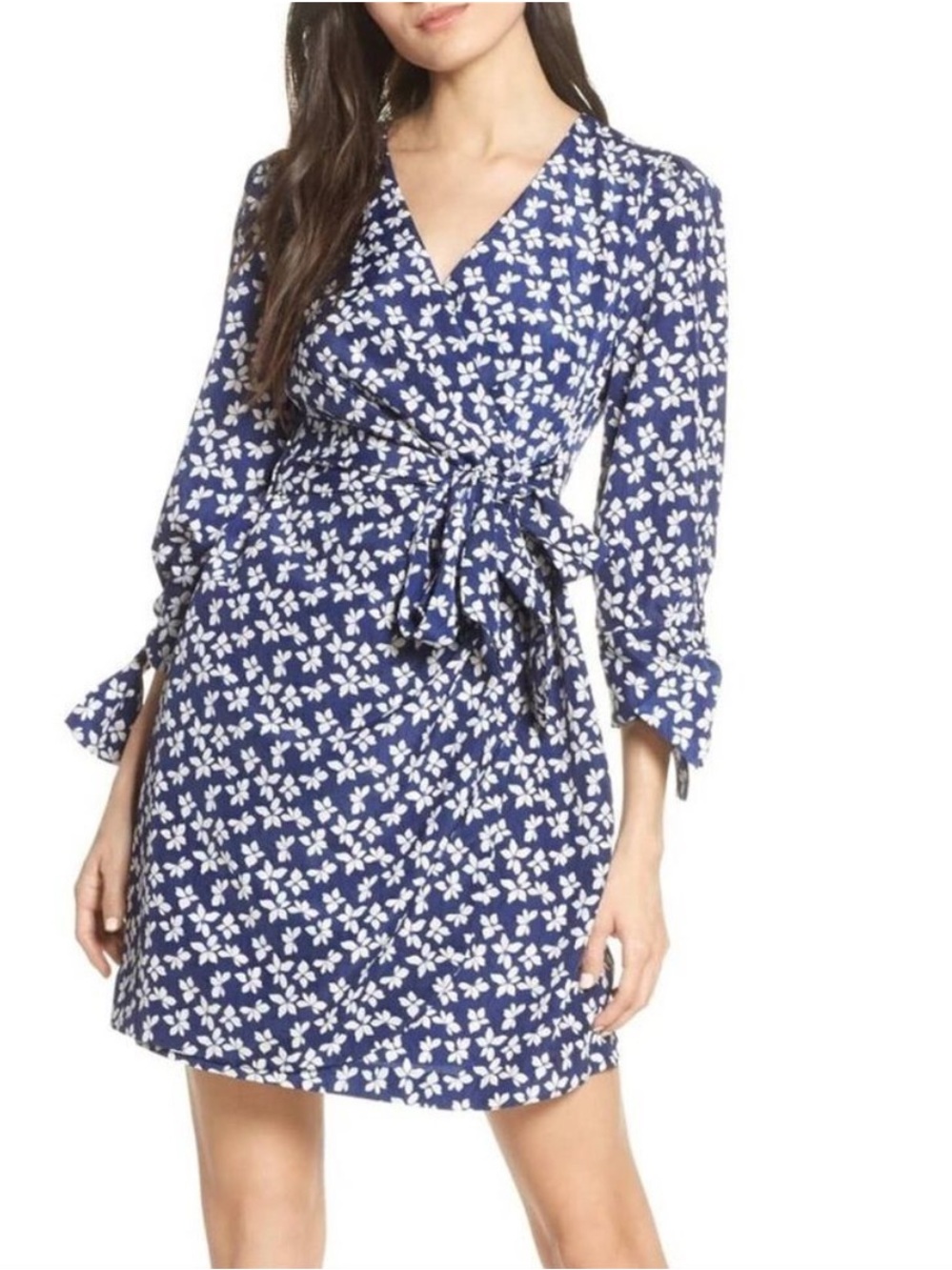 Chelsea28 Navy and White Floral Faux Wrap Dress, size 8